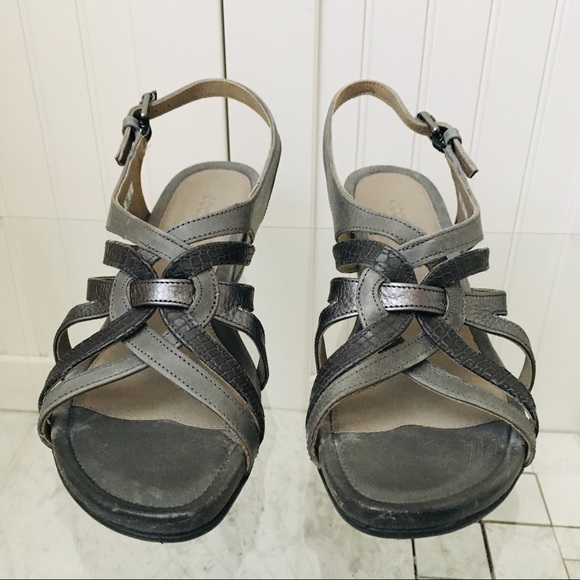 Ecco Touch 45 Grey Leather Wedge Heels Sandals - Picture 4 of 14